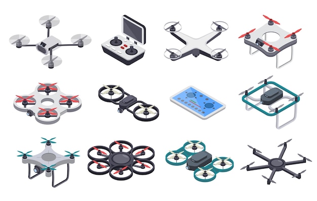 Drones voladores isométricos con hélices y conjunto de controlador de radio de cámara