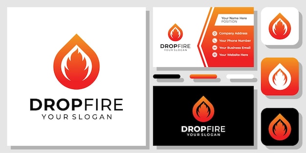 Drop Fire Burn Liquid Power Energy Hot Heat Flame Oil Antorcha Diseño de logotipo con plantilla de tarjeta de visita