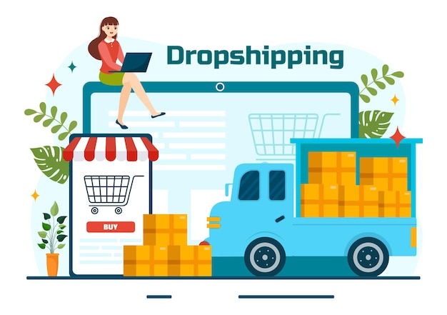 Vector dropshipping ilustración vectorial de negocios con businessman abra la tienda del sitio web de comercio electrónico