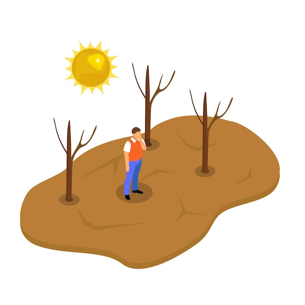 Vector drought man se encuentra en el desierto junto a árboles muertos isométrico 3d
