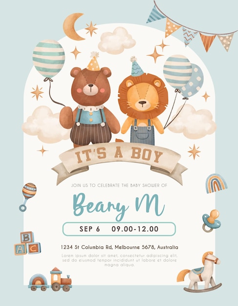 ducha de bebé de acuarela y invitación para el cumpleaños