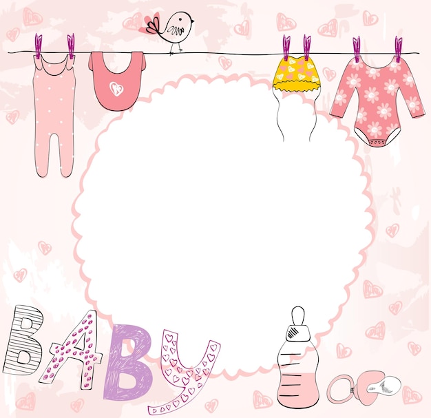 ducha de bebé vectorial tarjeta linda para chica con elementos de bebé