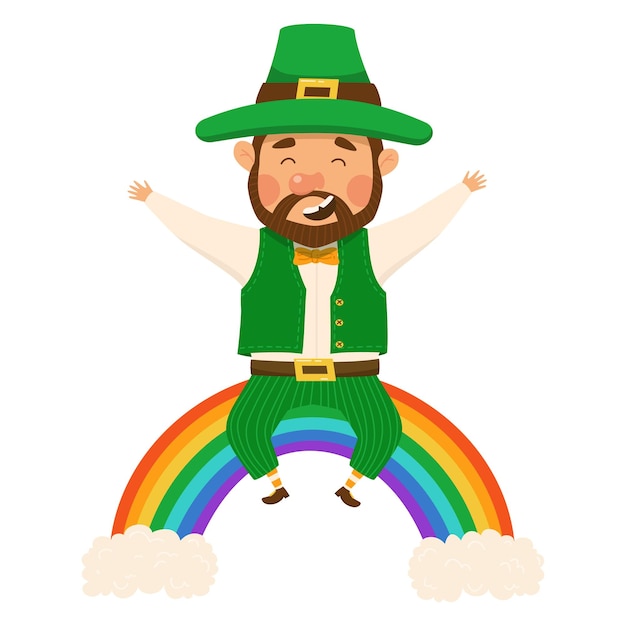 Duende divertido y lindo con barba marrón en el brillante arco iris ilustración vectorial para el día de san patricio hombre con traje verde y sombrero