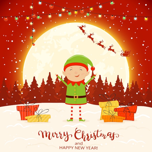 Duende feliz con coloridas luces de navidad y regalos en la nieve. santa con renos y texto feliz navidad y próspero año nuevo sobre fondo rojo de invierno, ilustración.