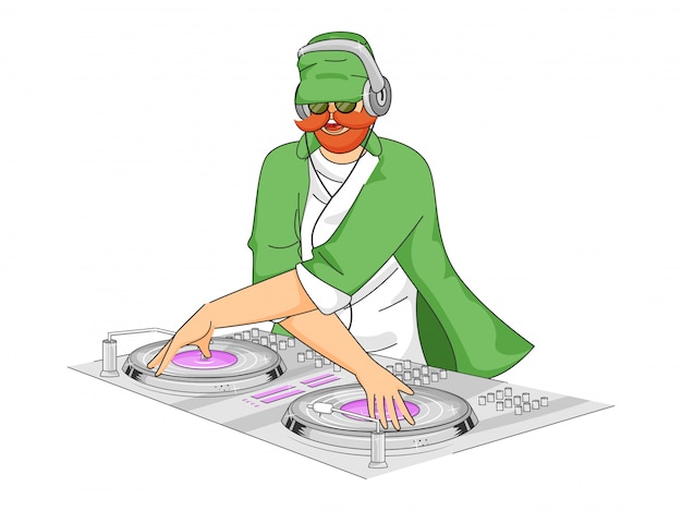 Vector duende hombre tocando tocadiscos dj.