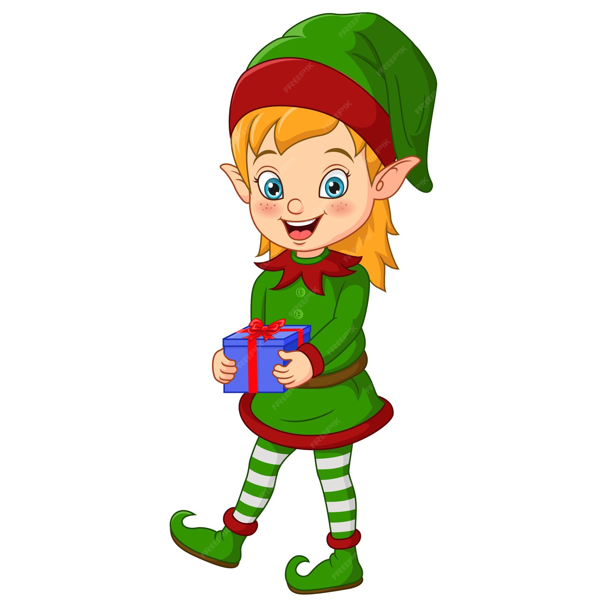 Duende de navidad de dibujos animados sosteniendo un regalo | Vector Premium