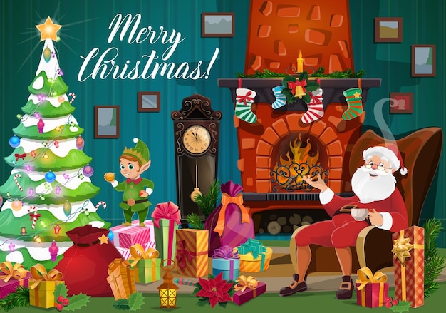 Duende de Navidad Santa y regalos de Navidad junto a la chimenea