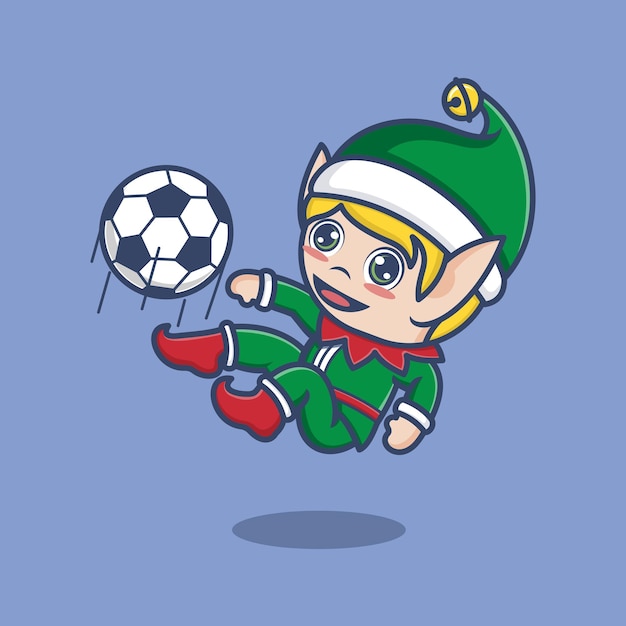 duende navideño de dibujos animados lindo jugando al fútbol