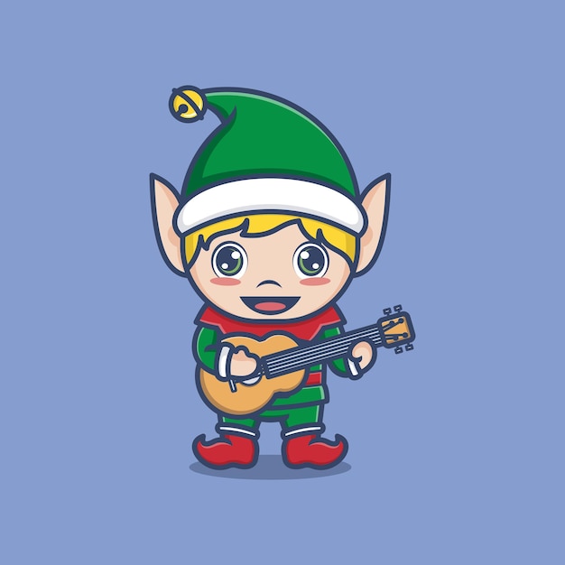 duende navideño de dibujos animados lindo tocando la guitarra