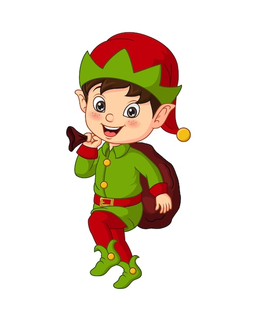 Duende navideño de dibujos animados con un saco de regalo