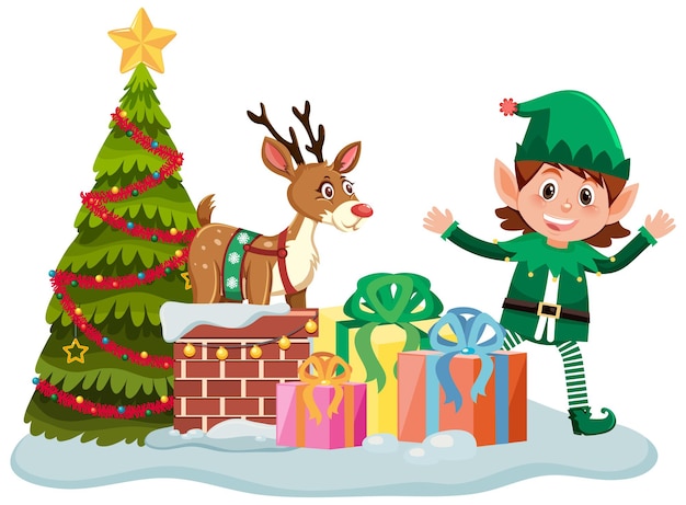 Duende navideño con muchas cajas presentes y árbol de Navidad