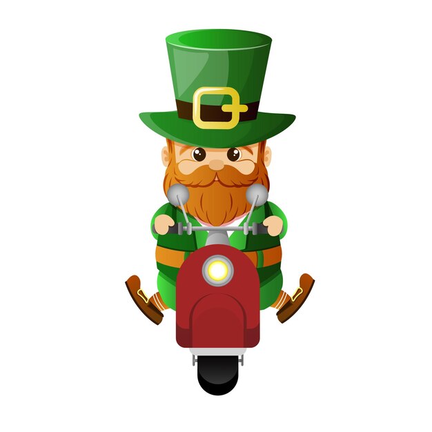 Vector duende con sombrero monta scooter para el día de san patricio, feriado irlandés el gnomo irlandés se apresura a ir de fiesta