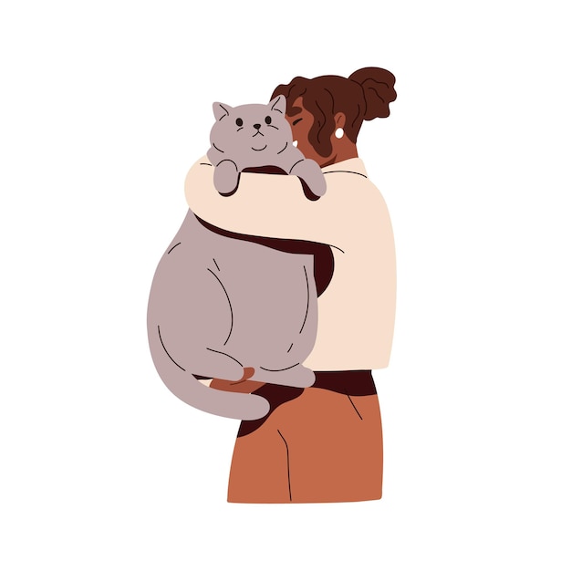 Vector el dueño del gato sosteniendo un gatito gordo y regordeto en los brazos una mujer negra feliz abrazando acurrucado un animal felino grande y pesado amor de persona y mascota ilustración gráfica plana aislada sobre fondo blanco