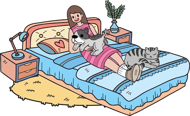 El dueño de Hand Drawn está durmiendo con el perro y el gato en la ilustración de la habitación en estilo garabato