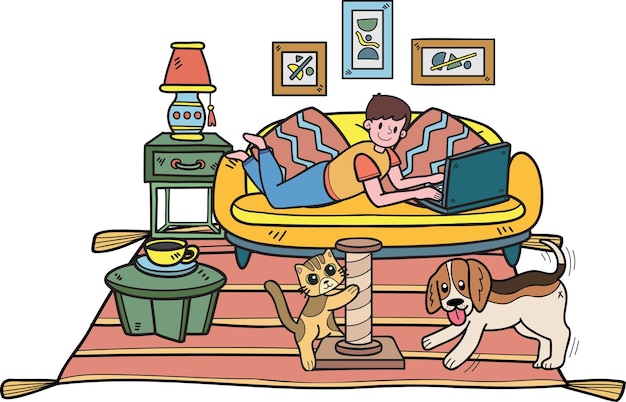 El dueño de Hand Drawn está durmiendo con el perro y el gato en la ilustración de la habitación en estilo garabato