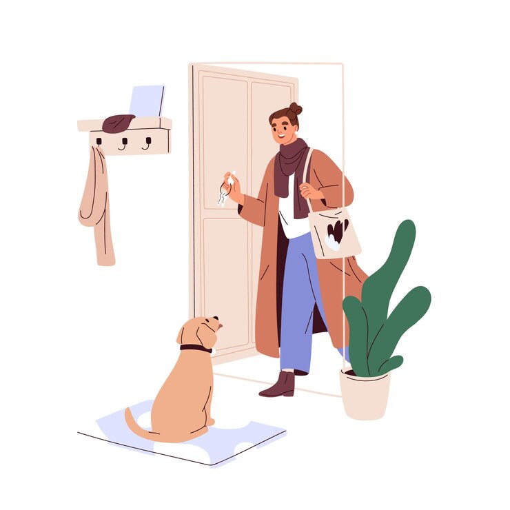 Vector el dueño de la mascota regresa a casa y abre la puerta. el perro se encuentra con la mujer que regresa a la casa. persona de saludo perrito, sentada en la alfombra de entrada. estilo de vida en solitario. ilustración de vector plano aislado sobre fondo blanco