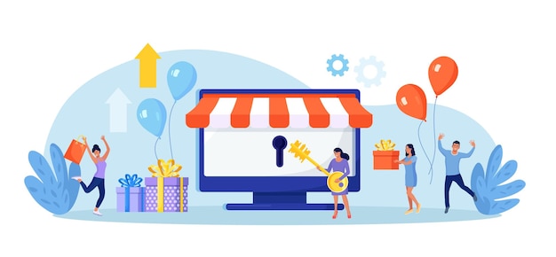 Dueño de negocio y emprendedor inician una pequeña empresa o una tienda minorista Nueva cuenta en el sitio web de la tienda en línea La mujer abre la cerradura con una llave Gran inauguración