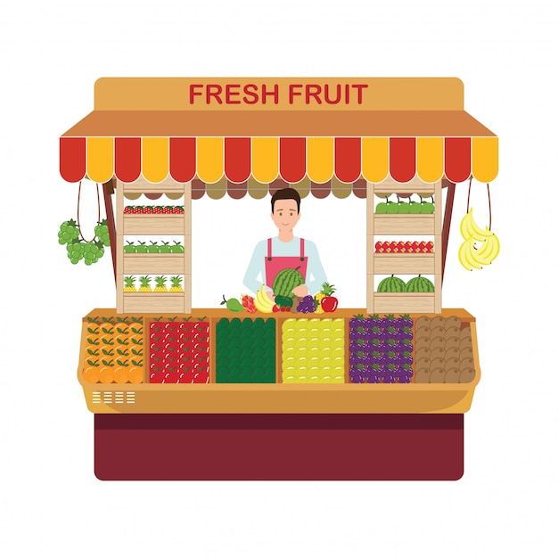 Vector dueño de negocio de frutas y verduras al por menor en su propia tienda.