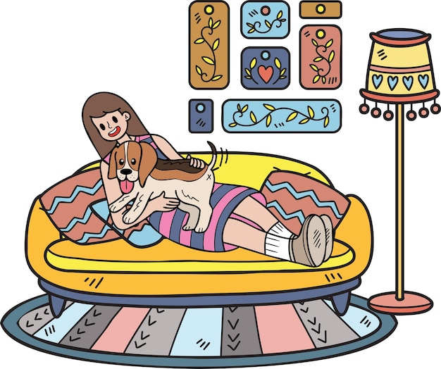 El dueño y el perro dibujados a mano están durmiendo en la ilustración de la habitación en estilo garabato