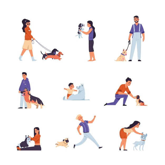 Dueños de perros Caricaturas felices caminando y jugando con mascotas Personajes abrazando cachorros y pasando tiempo Hombres y mujeres cuidando animales domésticos Conjunto vectorial de escenas de acicalamiento