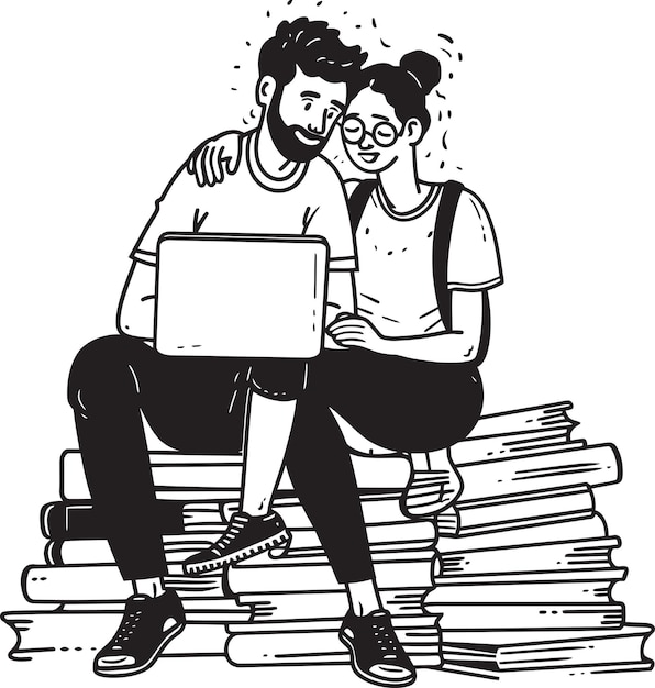 Duetos digitales Pareja colaborando en una computadora portátil descansando en libros con Vector Black Logo Bookish