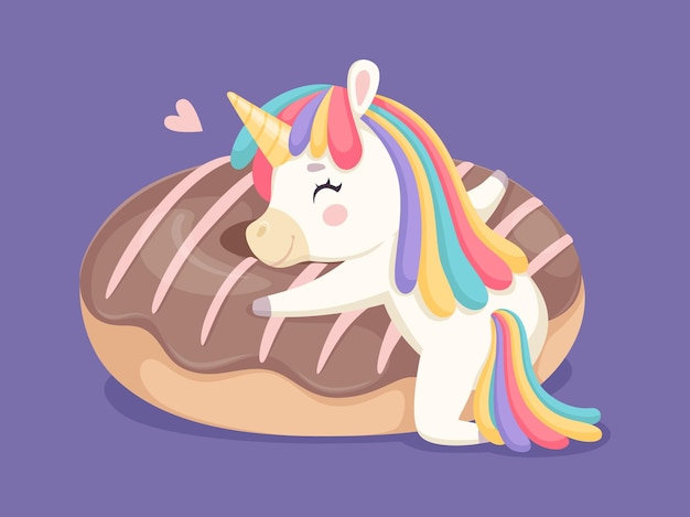 Dulce amor dibujos animados unicornio abrazando donut con glaseado de chocolate feliz arco iris fantástico animal café panadería tienda vector ilustración