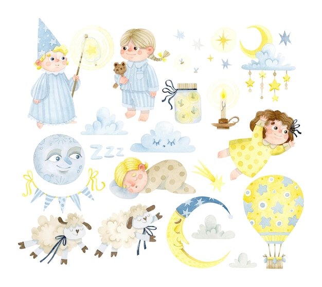 Dulce canción de cuna para niños luna y nubes acuarela set de clipart