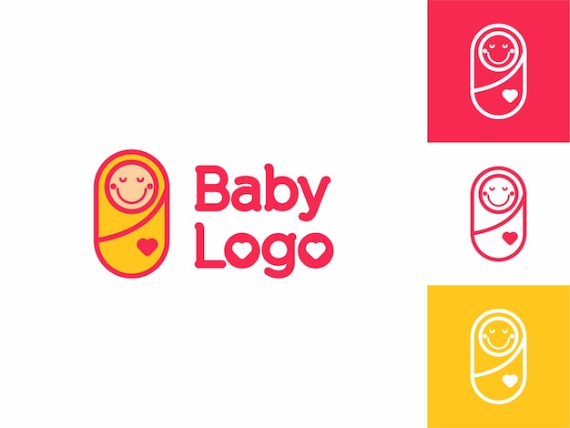 Dulce y feliz sonrisa baby boy logo para el cuidado de juguetes y tienda de accesorios estilo de dibujos animados de contorno vectorial