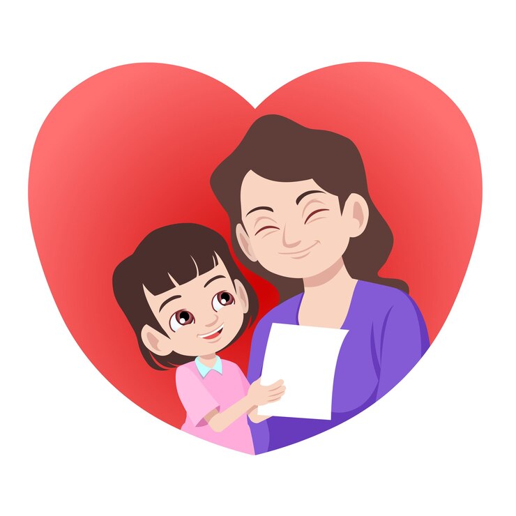 dulce hija dando una carta o tarjeta a su madre en forma de corazón