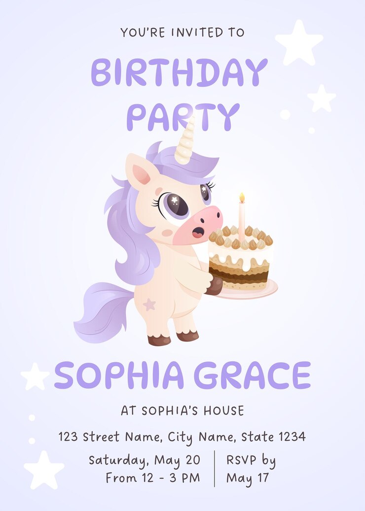 Vector una dulce invitación de cumpleaños de unicornio con un unicornio púrpura sosteniendo un pastel helado