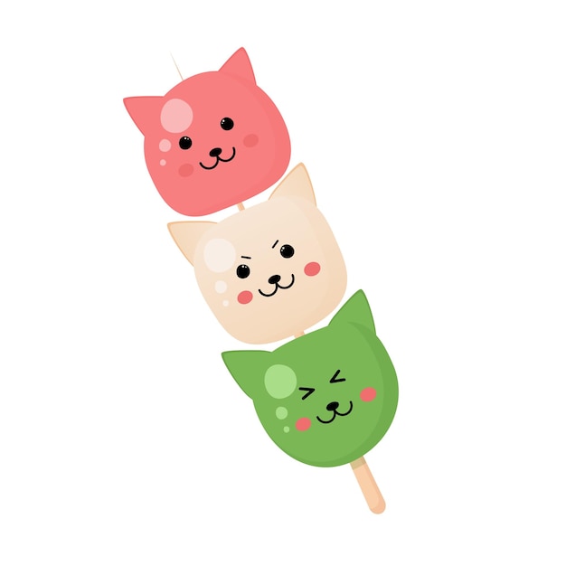 Dulce japonés, dango en forma de gato lindo aislado en el fondo blanco. ilustración vectorial