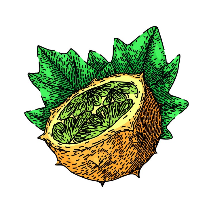 Vector dulce kiwano dibujado a mano comida con cuernos naturaleza verde naranja pepino dulce kiwano vector boceto aislado color ilustración