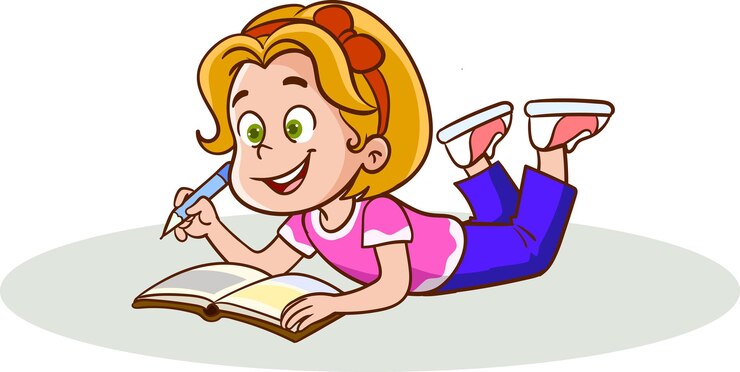 Vector dulce niña acostada boca abajo y leyendo un libro, niño disfrutando de la lectura, personaje colorido