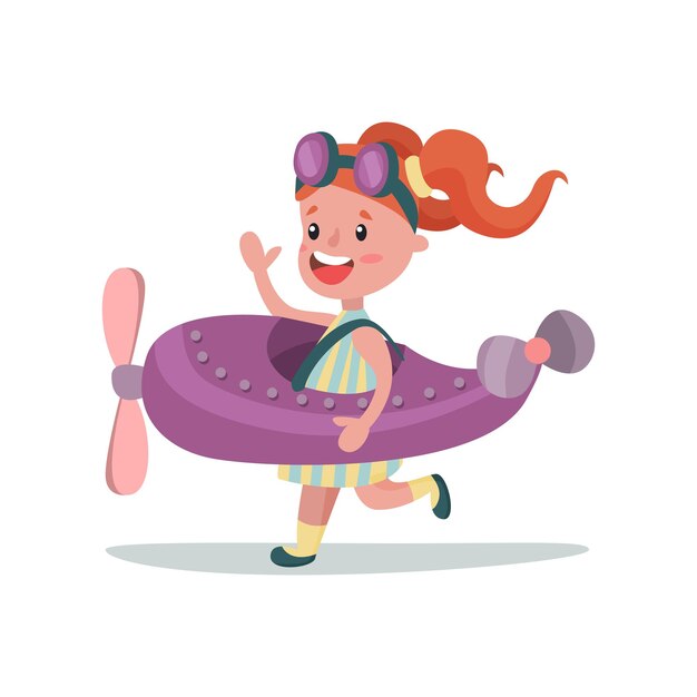 Dulce niña feliz en traje de piloto jugando con avión de juguete, niño soñando con convertirse en un vector de astronauta ilustración sobre un fondo blanco