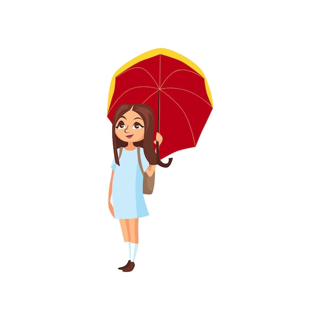 Vector dulce niña bajo paraguas rojo lluvioso concepto de dibujos animados vector ilustración aislada sobre fondo blanco