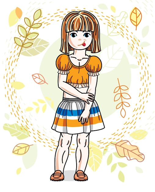 Dulce niña pelirroja de pie en el fondo del paisaje de otoño y con ropa casual elegante. Ilustración de niño vectorial.