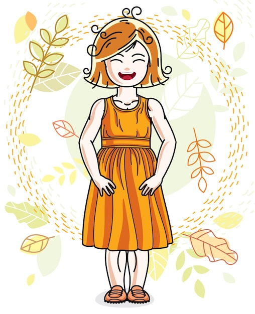 Dulce niña pelirroja de pie en el fondo del paisaje de otoño y con ropa casual elegante. Ilustración de niño vectorial.