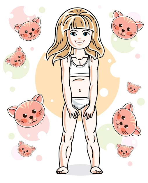 Una dulce niña rubia de pie en un fondo infantil con gatitos y con bragas. Ilustración de niño vectorial.