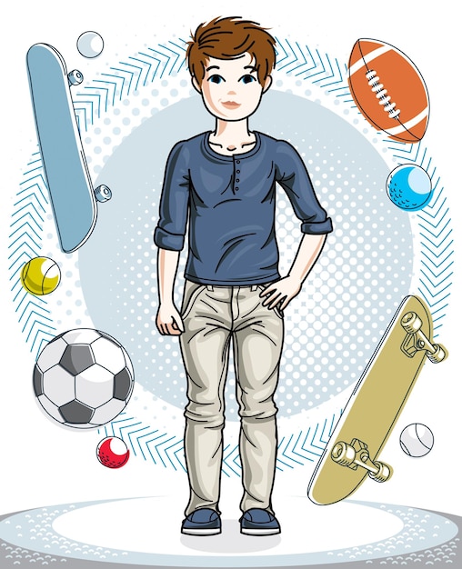 Dulce niño pequeño adolescente de pie con ropa informal de moda. Vector ilustración humana bastante agradable. Prediseñadas de estilo de vida infantil.
