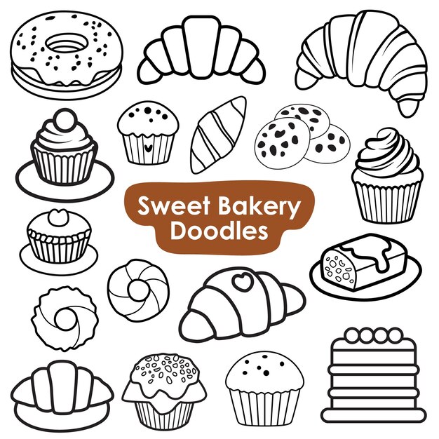 Dulce panadería Doodles postre y pastelería Clipart conjunto vectorial