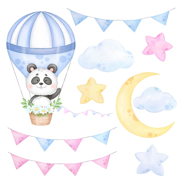 Dulce panda en un clip art de globo aerostático para niños Vivero