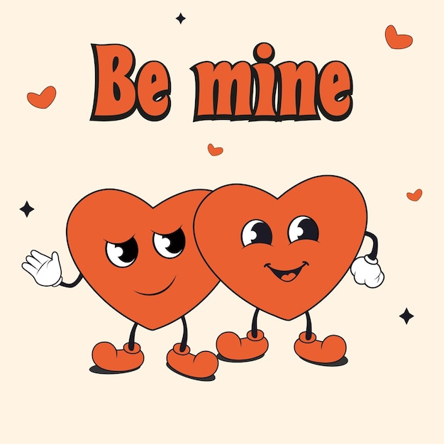 Dulce pareja de corazones groovy Día de San Valentín tarjeta de felicitación de estilo retro con texto editable