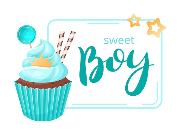 Un dulce pastel con un glaseado azul una corona y las palabras niño dulce perfecto para revelar el género