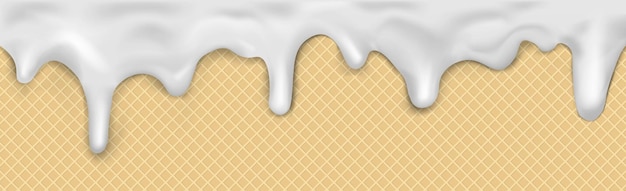 Dulce patrón de helado panorámico sin fisuras con goteo de glaseado blanco y textura de oblea Vector