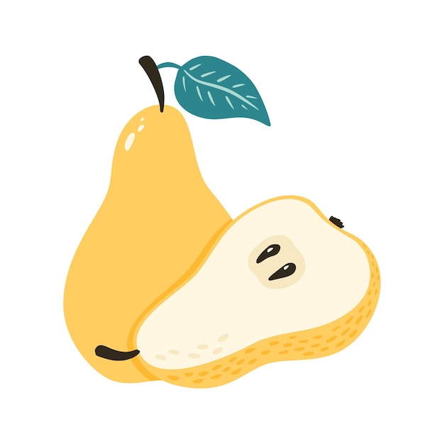 Dulce pera madura con hoja ilustración vectorial aislada Estilo de dibujos animados Una fruta entera y media con semillas