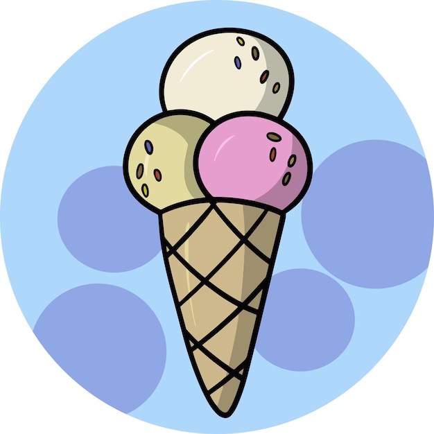 Dulce postre helado de vainilla y fruta en una ilustración de vector de dibujos animados de cono de taza de waffle