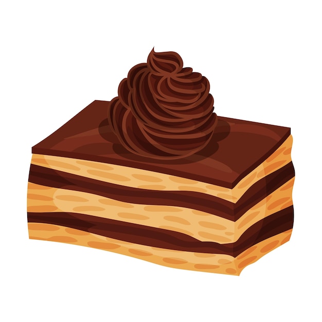Dulce rebanada de pastel Delicioso postre con ilustración vectorial de crema de chocolate en fondo blanco