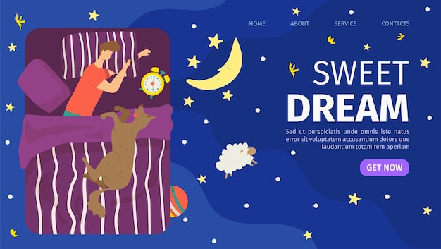 Dulce sueño en la cama hombre dormir en la noche aterrizaje banner vector ilustración persona masculina carácter relajarse