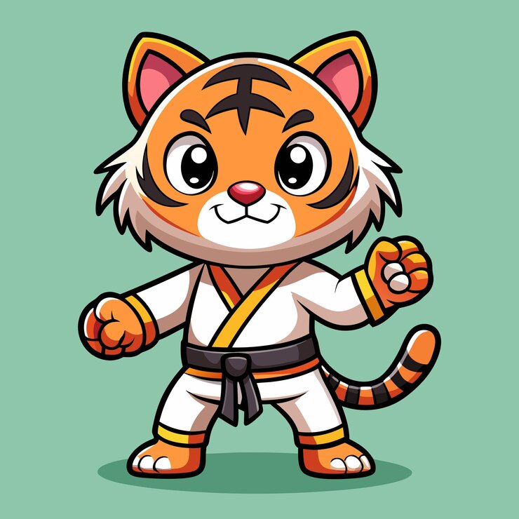 Vector el dulce tigre en la postura de karate ilustración de dibujos animados