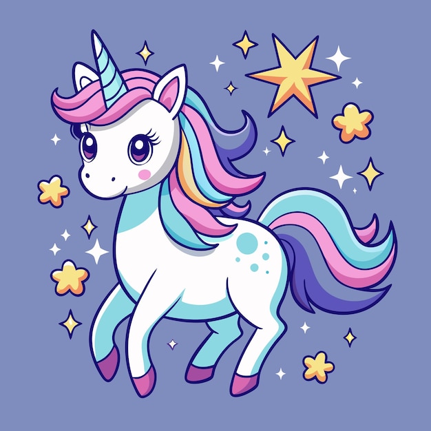Dulce Unicornio de dibujos animados con estrellas parpadeantes y aura mágica
